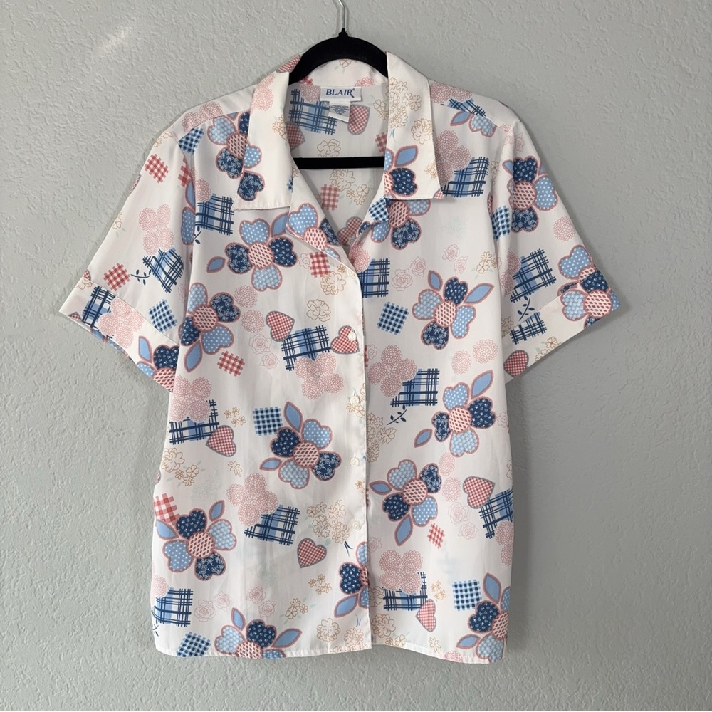 BLAIR Men Size L Button Up Hawaiian Shirt Short Sleeve Floral White